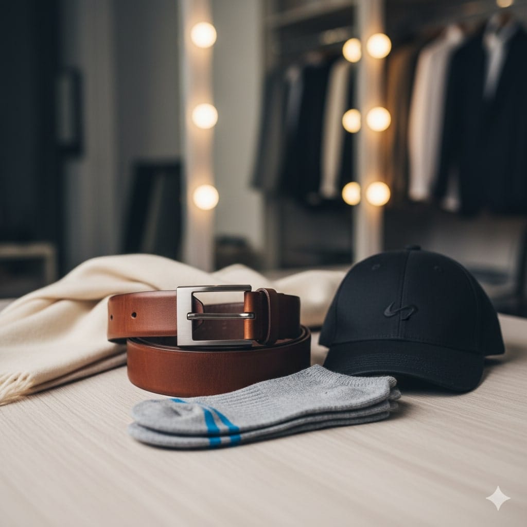 Uniformes laborales y textil 14 Una colección de accesorios y complementos personalizados versátiles y de alta calidad: un elegante cinturón de cuero, una gorra de diseño moderno, un par de calcetines técnicos de alto rendimiento