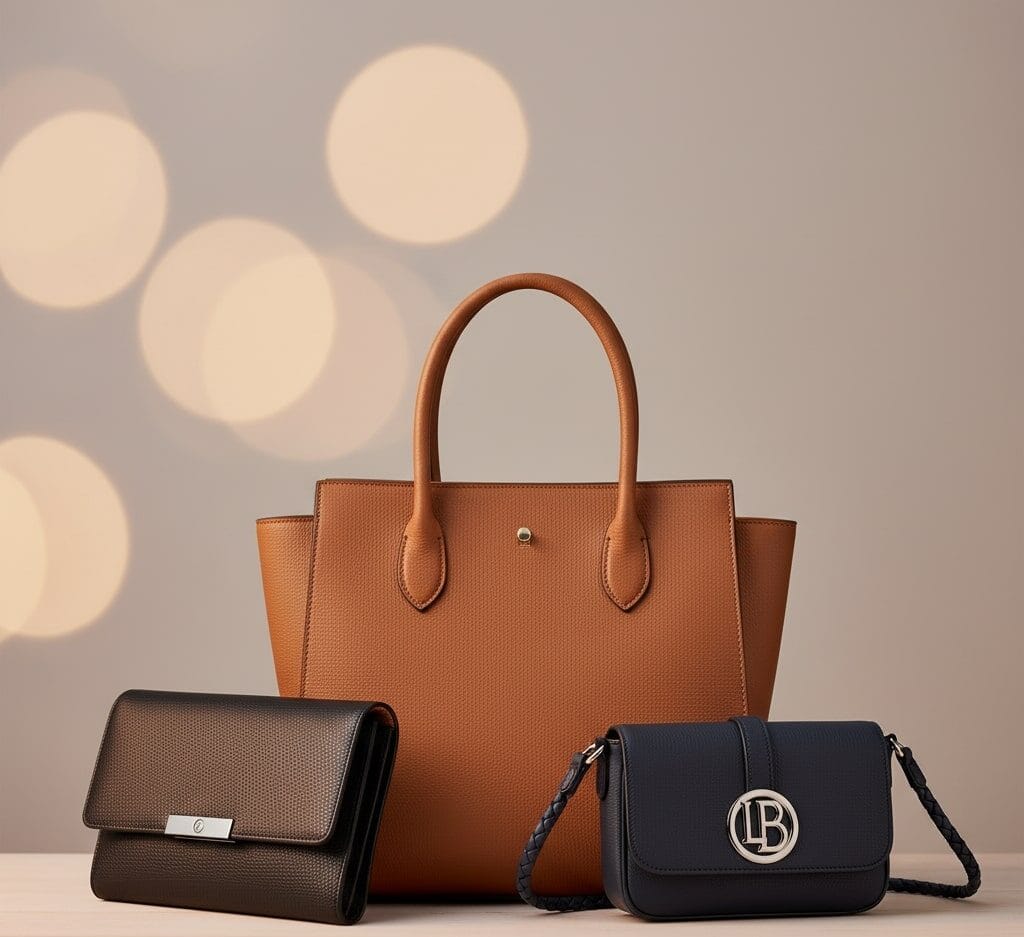 Merchandising 15 Una selección de bolsas elegantes y versátiles: un tote bag de cuero, un clutch sofisticado y una pequeña bandolera, presentadas con un enfoque en la calidad de los materiales y el diseño