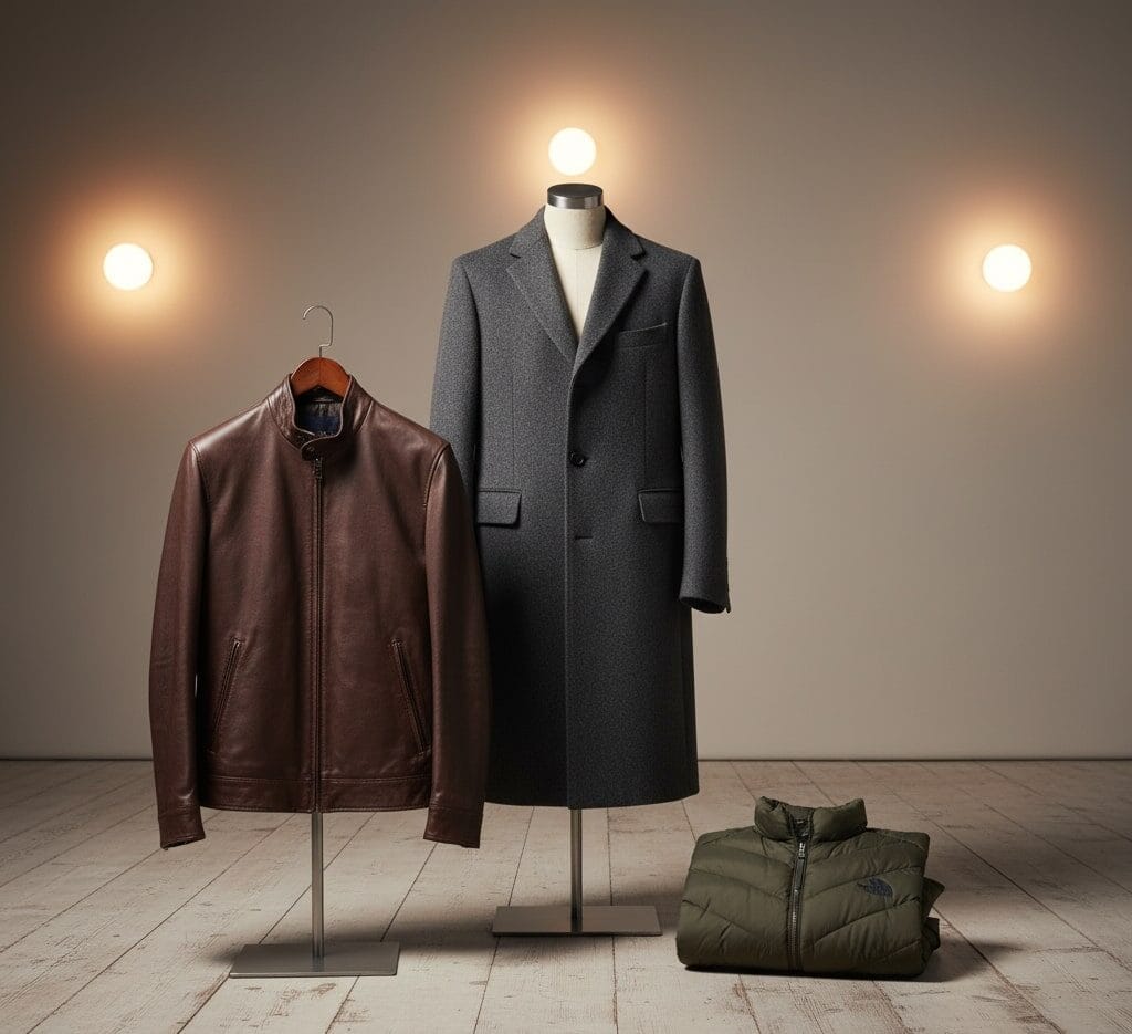 Uniformes laborales y textil 11 Una elegante colección de chaquetas y abrigos personalizados de alta calidad: una chaqueta de cuero de diseño atemporal, un abrigo de lana sofisticado y una chaqueta acolchada ligera pero abrigada