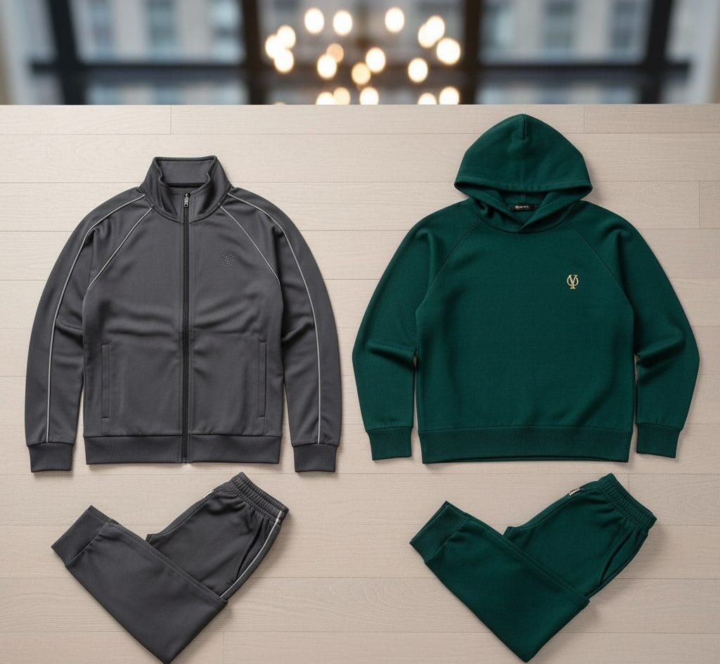 Uniformes laborales y textil 10 Una presentación de conjuntos y chándals personalizados deportivos y de ocio de alta calidad: un chándal elegante en un tejido técnico moderno y un conjunto a juego de sudadera y pantalón para un estilo casual-chic