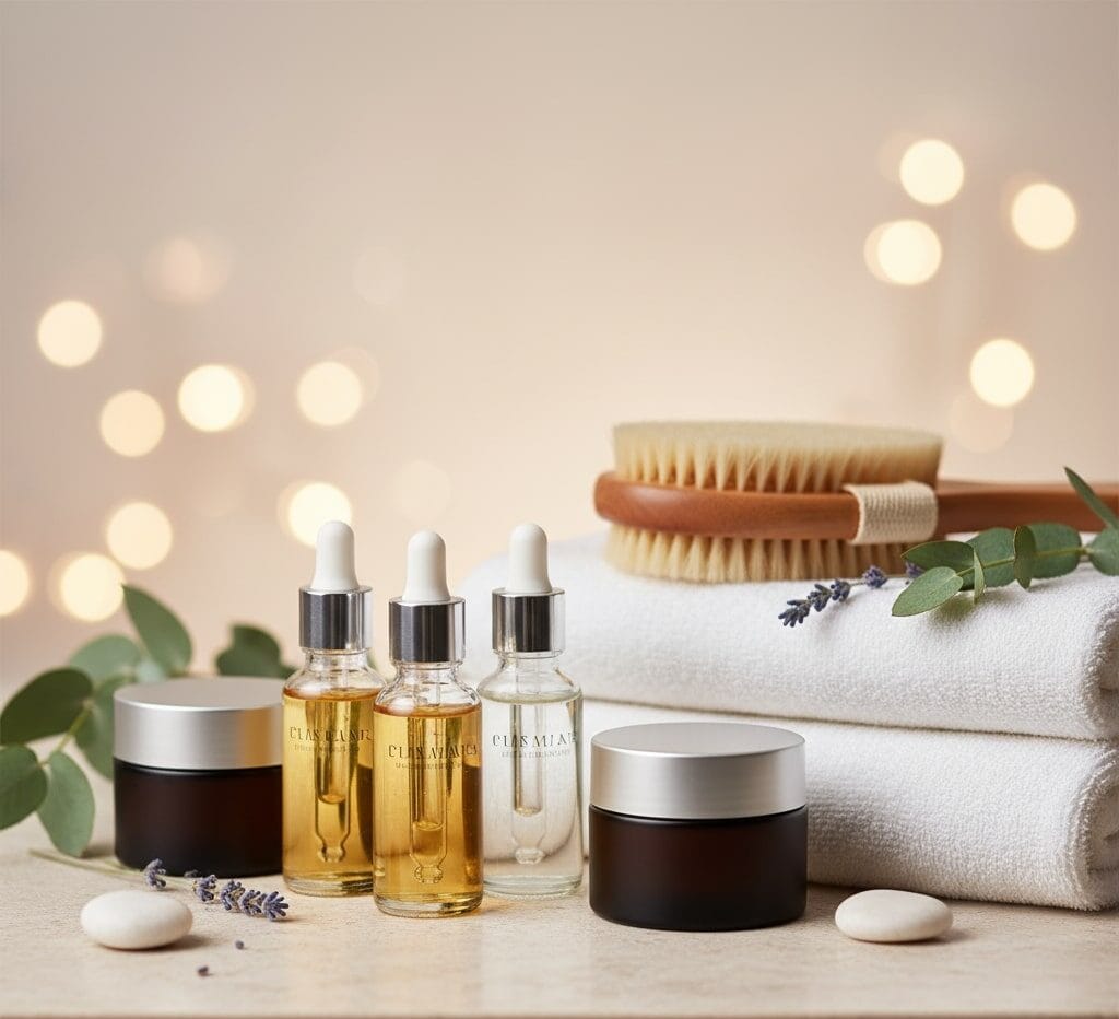 Merchandising 14 Una elegante disposición de productos de cuidado personal y farmacéuticos de alta calidad: frascos de sueros faciales, cremas en envases sofisticados, un cepillo de cerdas naturales, una toalla de algodón suave y elementos botánicos