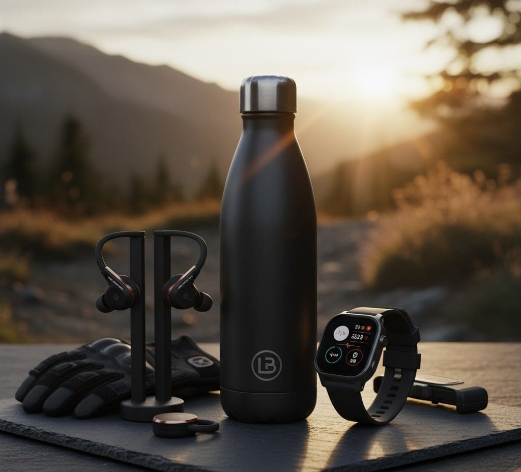 Merchandising 13 Una composición dinámica de equipos deportivos y de aventura de alta gama: una botella de agua isotérmica elegante, auriculares inalámbricos deportivos, un reloj inteligente resistente y unos guantes de ciclismo o senderismo