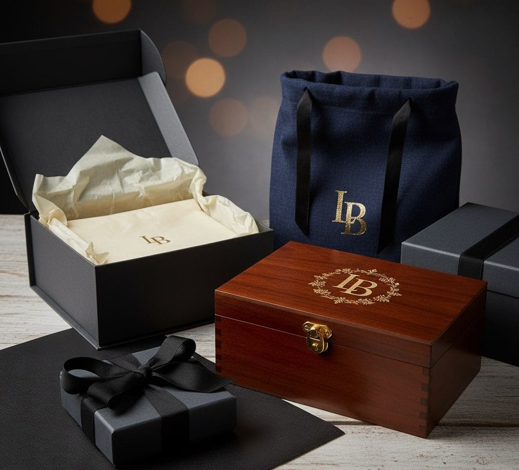 Merchandising 12 Una composición de diferentes tipos de embalajes premium: una caja de madera personalizada, una bolsa de tela con logotipo, papel de seda de alta calidad y cintas elegantes