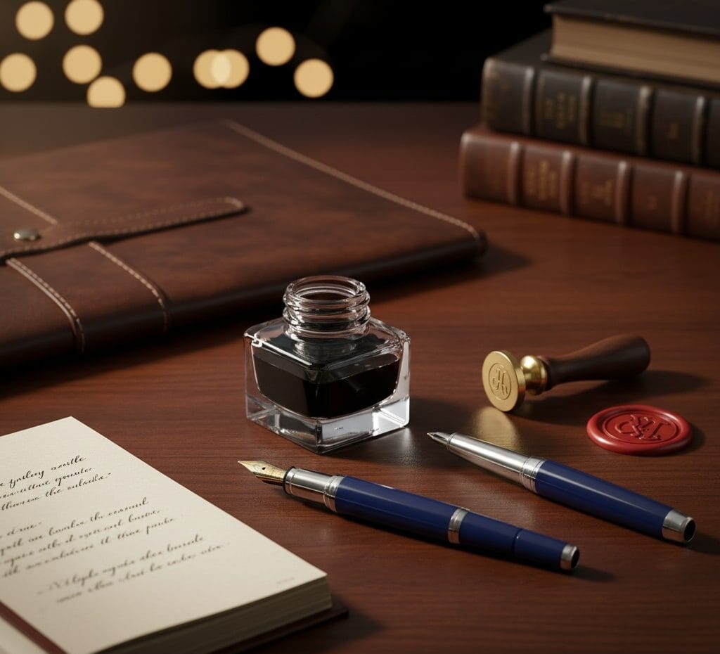 Merchandising 11 Un elegante conjunto de instrumentos de escritura de alta calidad: una pluma estilográfica, un bolígrafo a juego, un tintero de cristal, un cuaderno de cuero y un sello de lacre,