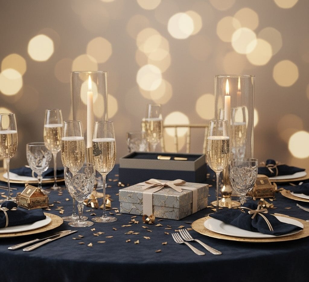 Merchandising 10 Una elegante mesa puesta para una celebración, con copas de champán, confeti sutil, pequeños detalles decorativos festivos
