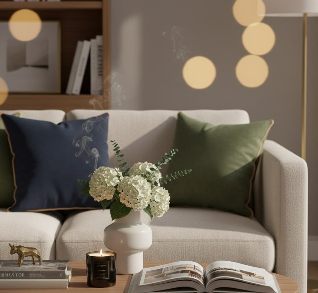 Merchandising 8 Una escena acogedora de un interior moderno con elementos decorativos elegantes: un jarrón con flores frescas, cojines texturizados en un sofá, una vela aromática