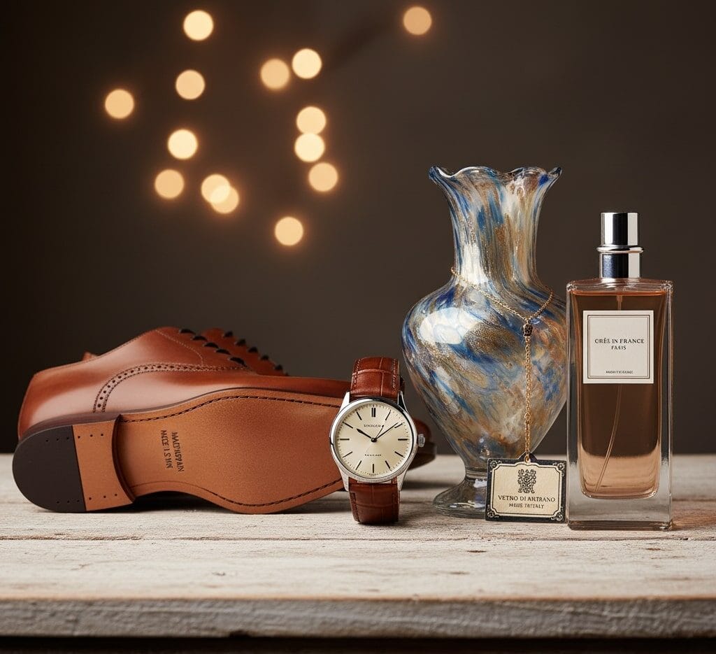 Merchandising 7 Una composición que muestra varios productos de alta calidad con el distintivo "Made in Europe"