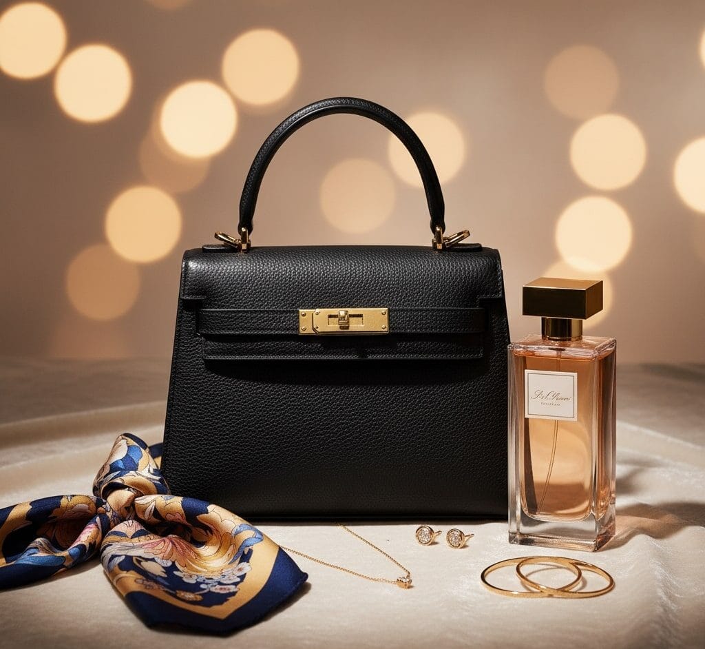 Merchandising 5 Una colección de accesorios femeninos elegantes como un bolso de diseño, un pañuelo de seda, joyas delicadas y un perfume