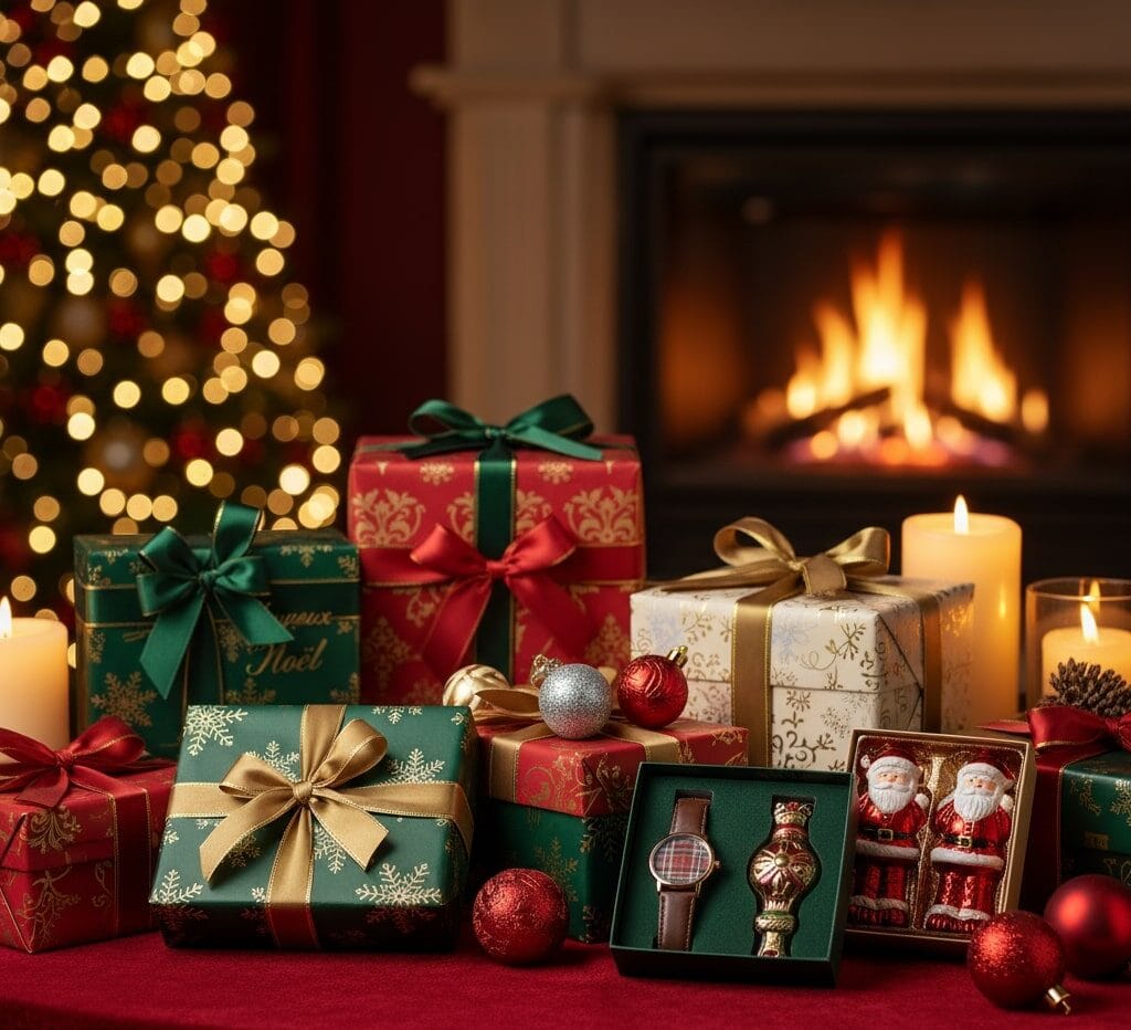 Merchandising 4 Una escena festiva con elementos de Navidad como adornos elegantes, velas, y pequeños regalos envueltos