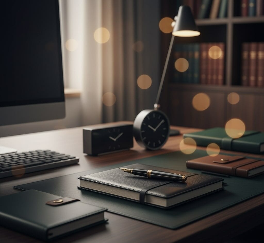 Merchandising 3 Una selección de artículos de oficina de alta calidad: pluma estilográfica, un cuaderno de cuero, un reloj de mesa elegante, una agenda y un tarjetero