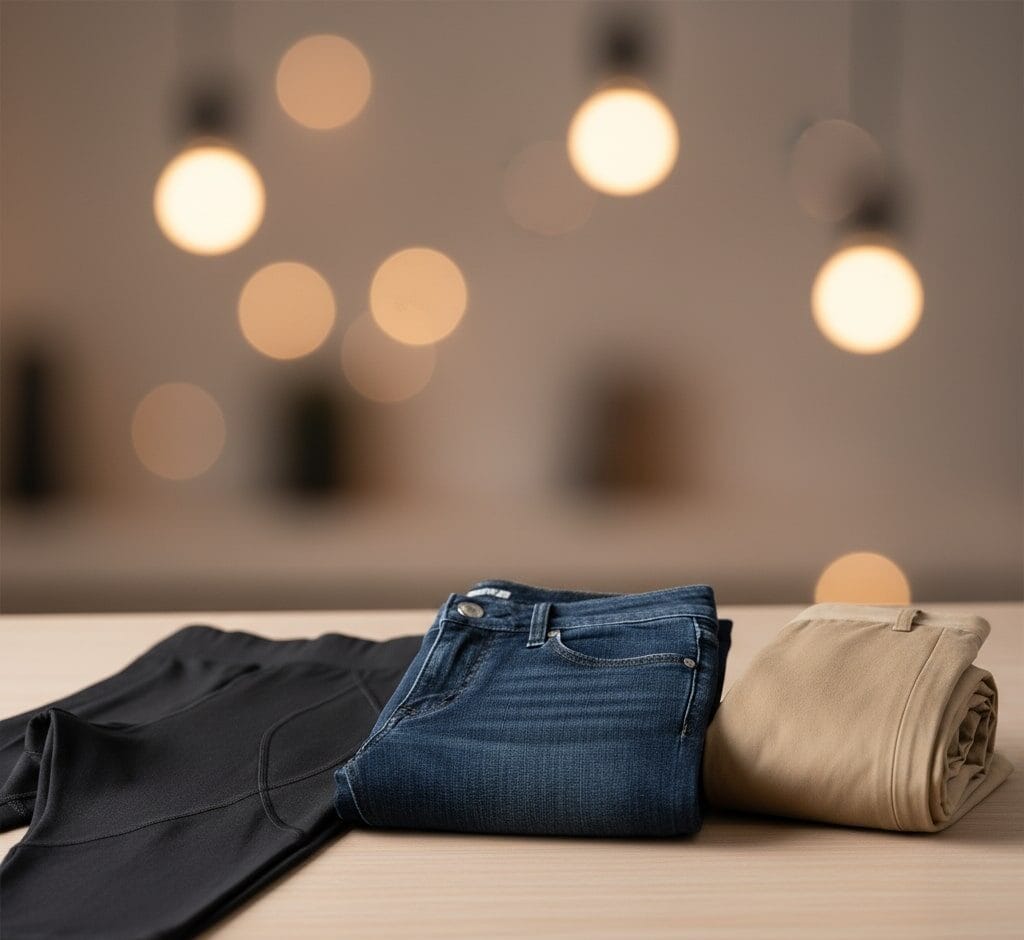 Uniformes laborales y textil 8 Una selección de pantalones y mallas personalizados versátiles y de alta calidad, que incluye unos vaqueros premium, unos pantalones chinos elegantes y unas mallas deportivas de tejido técnico, todos dispuestos de forma ordenada para mostrar sus cortes, texturas y detalles de diseño