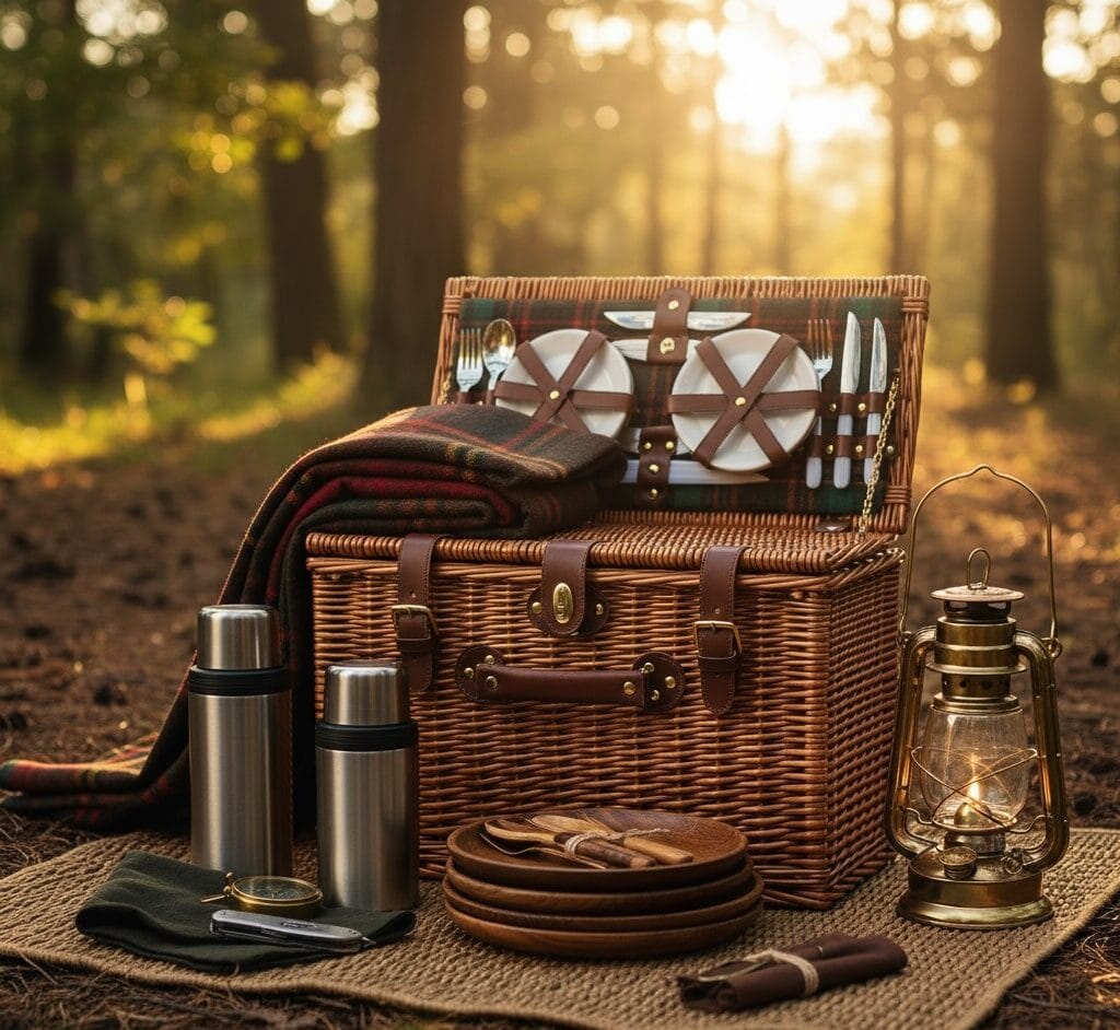 Merchandising 2 Una escena de picnic y acampada con una cesta, utensilios y termos personalizados, pero presentados de manera estética