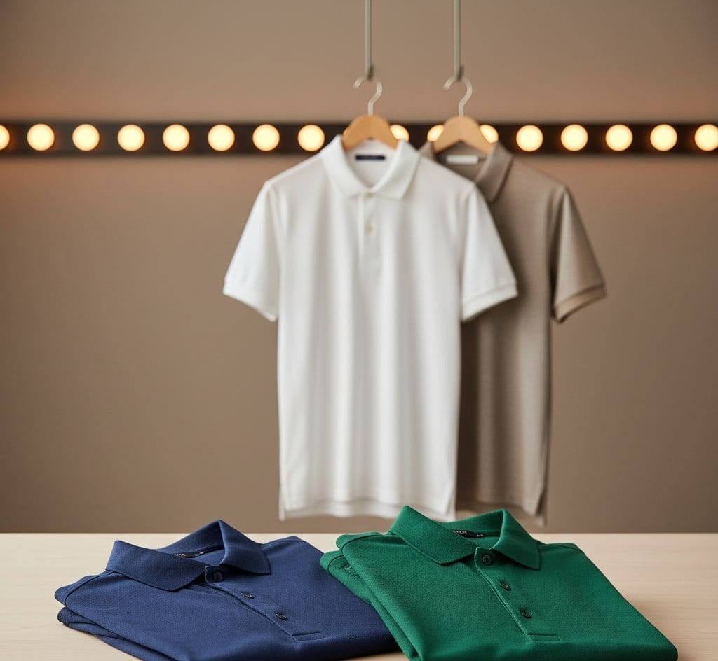 Uniformes laborales y textil 7 Una elegante exhibición de polos personalizados de alta calidad, en diversos colores clásicos, doblados o colgados para mostrar sus detalles: cuellos estructurados, botones bien acabados y la textura del tejido piqué