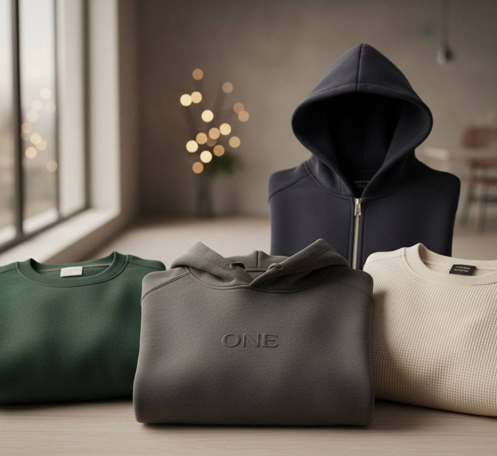 Uniformes laborales y textil 6 Una colección de sudaderas personalizados elegantes y cómodas, de diferentes estilos y colores, dobladas o ligeramente extendidas, mostrando la calidad de la tela y los detalles del diseño