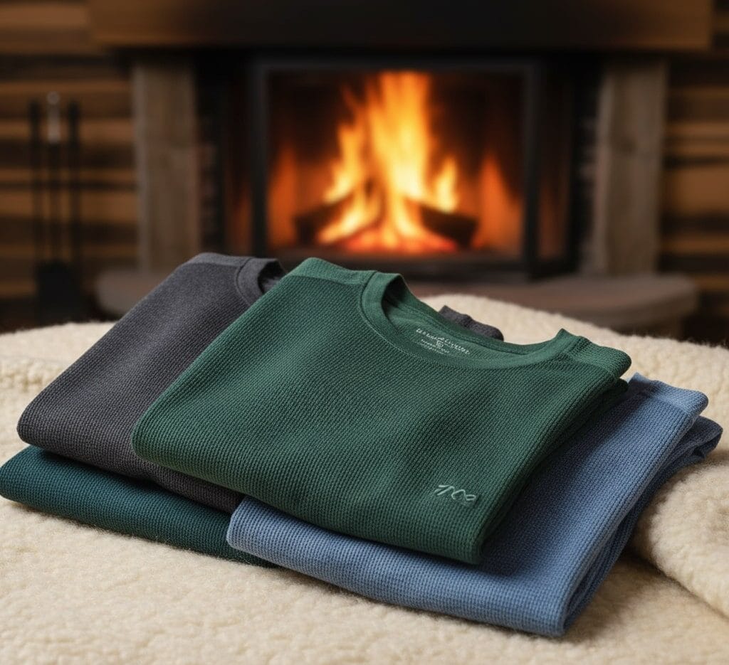 Uniformes laborales y textil 5 Una presentación de prendas térmicas personalizadas de alta calidad: camisetas de manga larga y pantalones ajustados en tejidos técnicos, doblados y apilados elegantemente