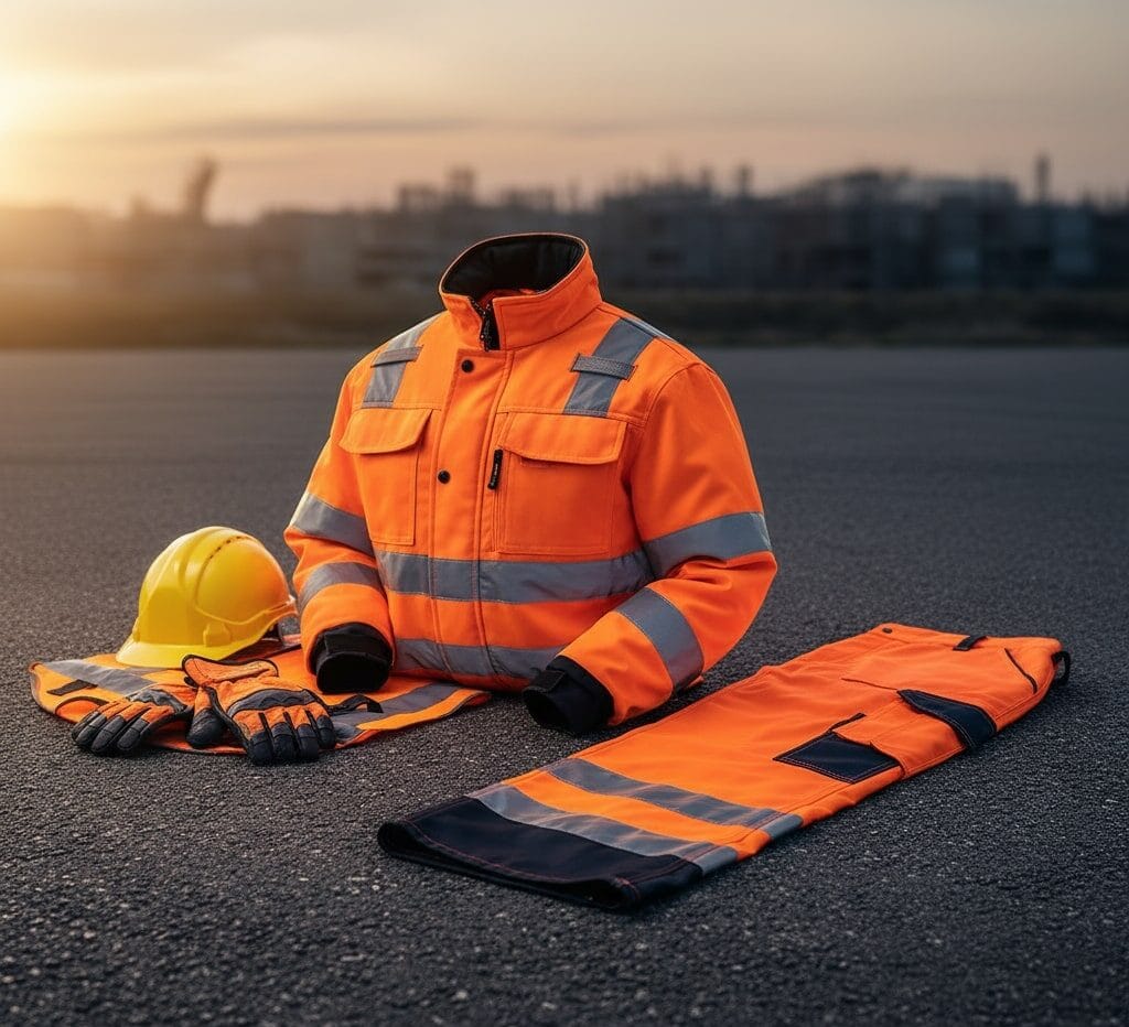 Uniformes laborales y textil 4 Un conjunto de ropa de alta visibilidad personalizados : una chaqueta y un pantalón con bandas reflectantes brillantes, confeccionados en un tejido técnico, dispuestos en un entorno de obra o exterior con iluminación que resalta sus propiedades reflectantes