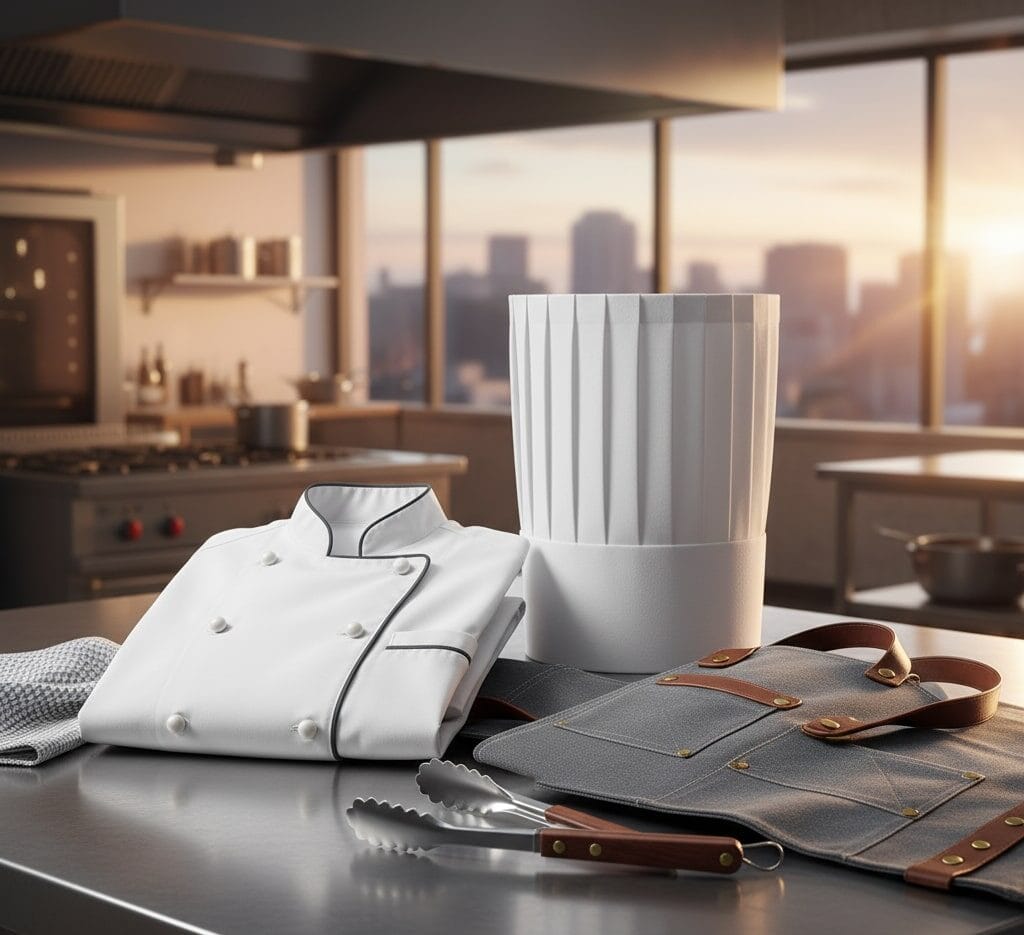 Uniformes laborales y textil 3 Una presentación de uniformes de hostelería personalizados elegantes y profesionales: una chaquetilla de chef de alta calidad, un delantal de diseño, y un gorro de cocina, junto con accesorios como un paño de cocina de lino