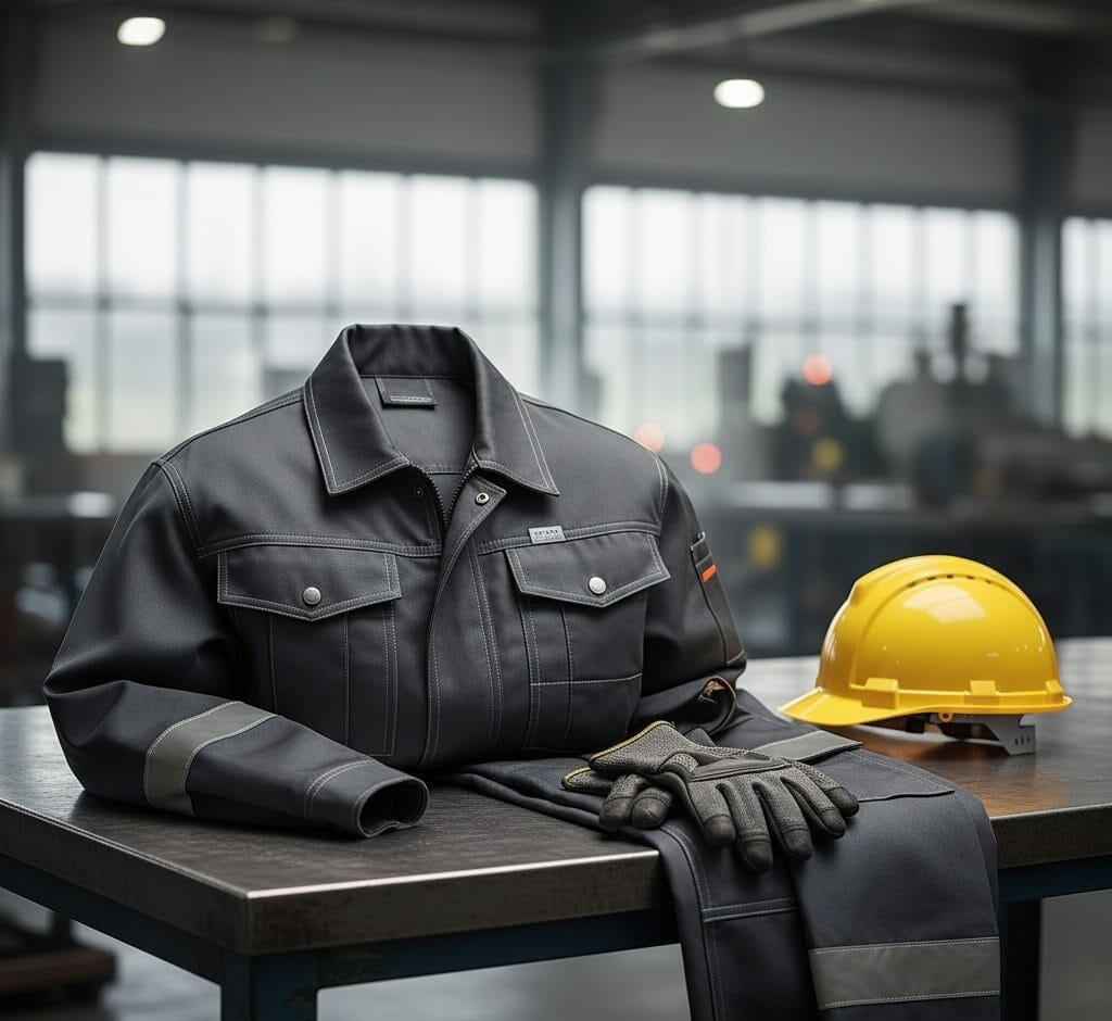Uniformes laborales y textil 2 Una presentación de uniformes industriales personalizados robustos y funcionales: una chaqueta y pantalón de trabajo de alta resistencia, con detalles como bolsillos utilitarios y costuras reforzadas