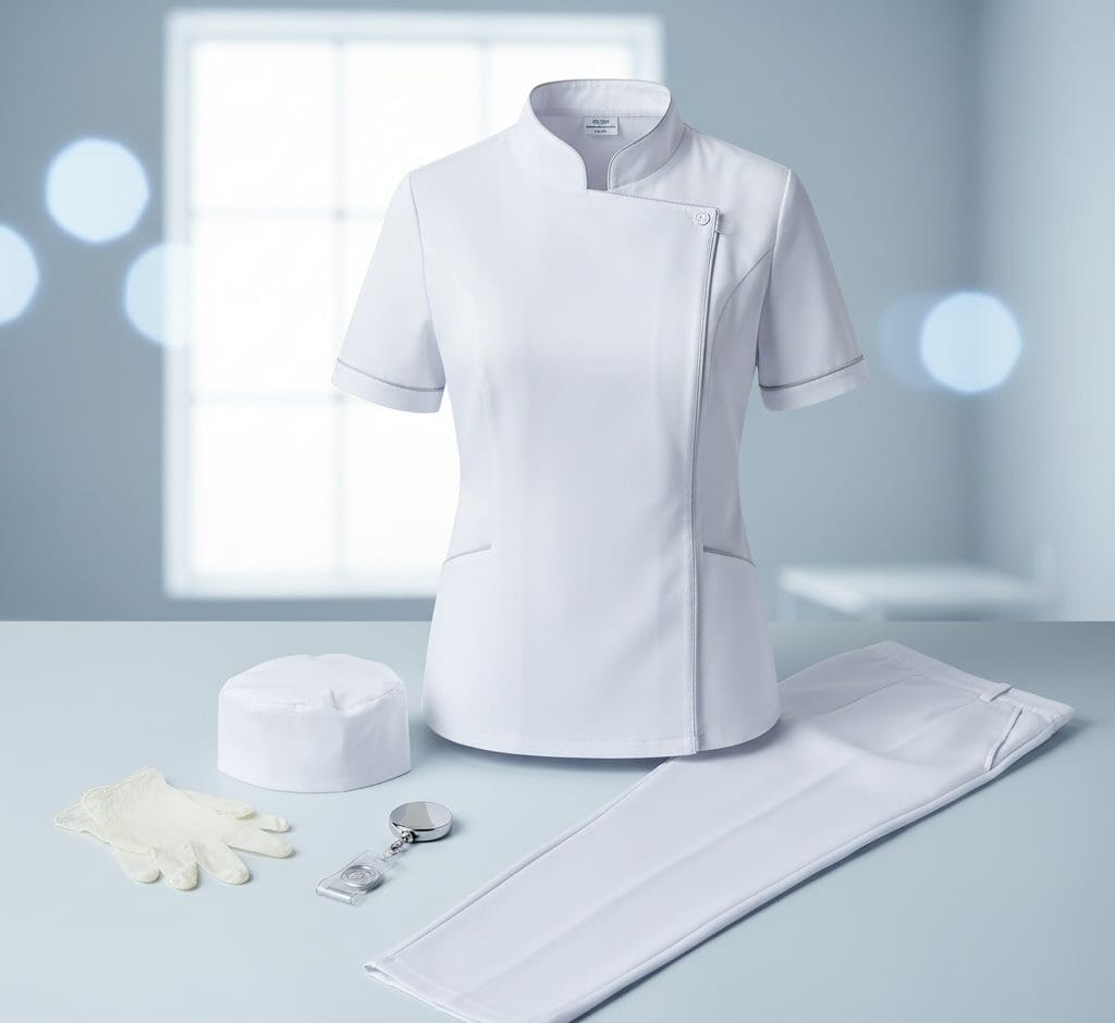 Uniformes laborales y textil 1 Una presentación de uniformes de sanidad personalizados y estética limpios y profesionales: una casaca y pantalón de diseño moderno