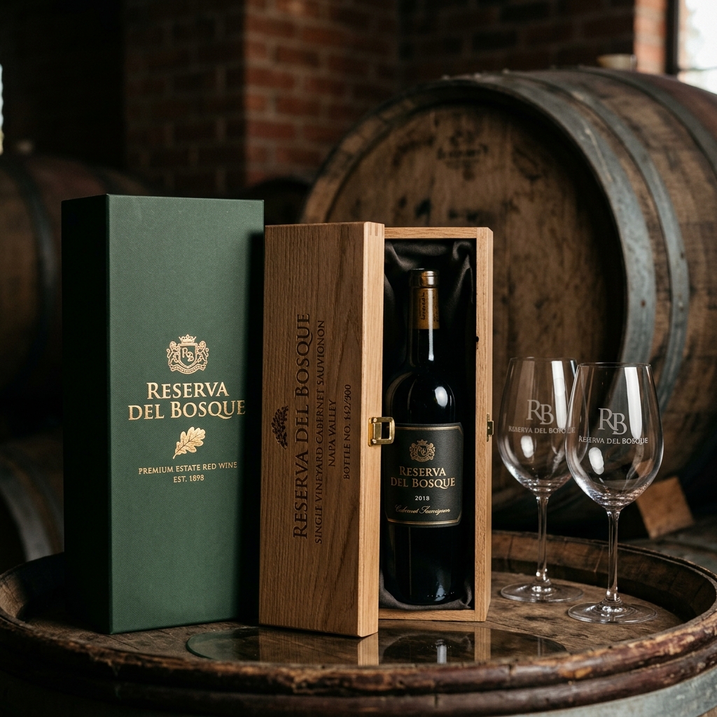 Packaging de lujo, copas grabadas y accesorios de madera para bodegas